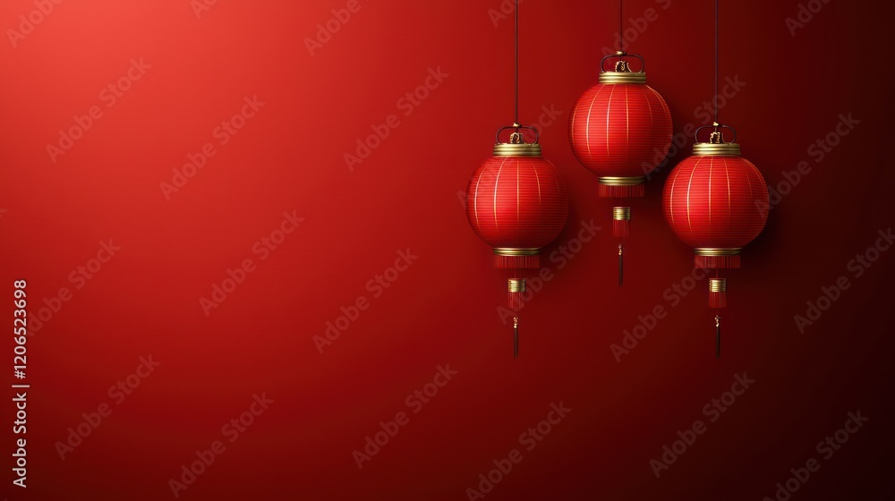 Three red lanterns hanging against a solid red background, symbolizing celebration and culture.
