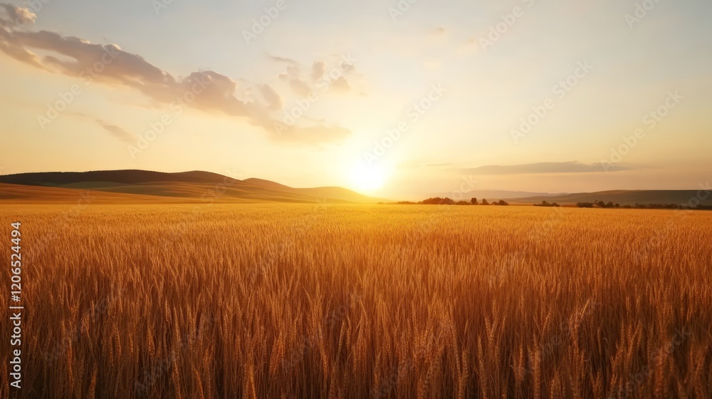 Golden Wheat Field Under a Sunset Sky with Gentle Hills and Soft Clouds Illuminated by the Warm Glow of the Setting Sun Golden Wheat Field Under a Sunset Sky with Gentle Hills and Soft Clouds Illuminated by the Warm Glow of the Setting Sun