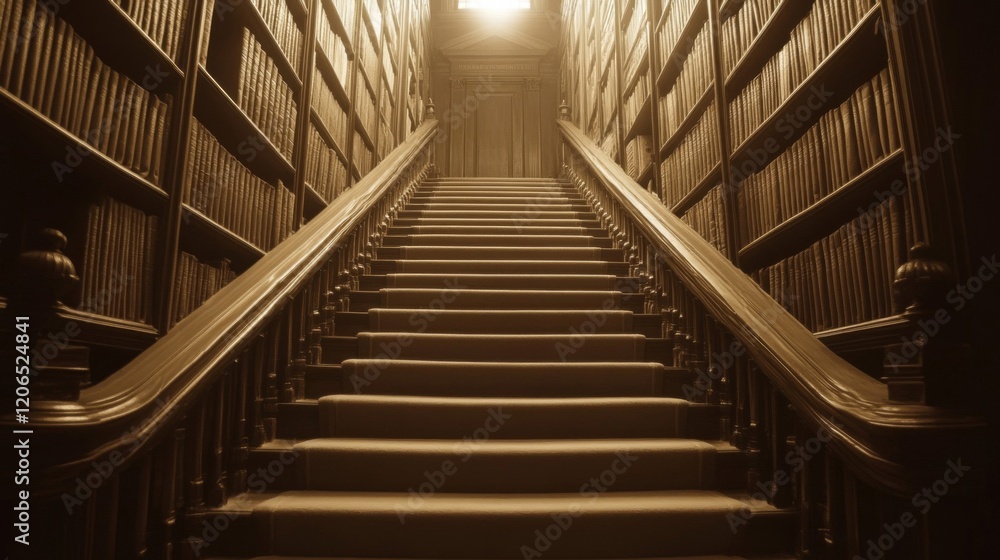 Fototapeta premium Grand Wooden Staircase in Historic Library Setting