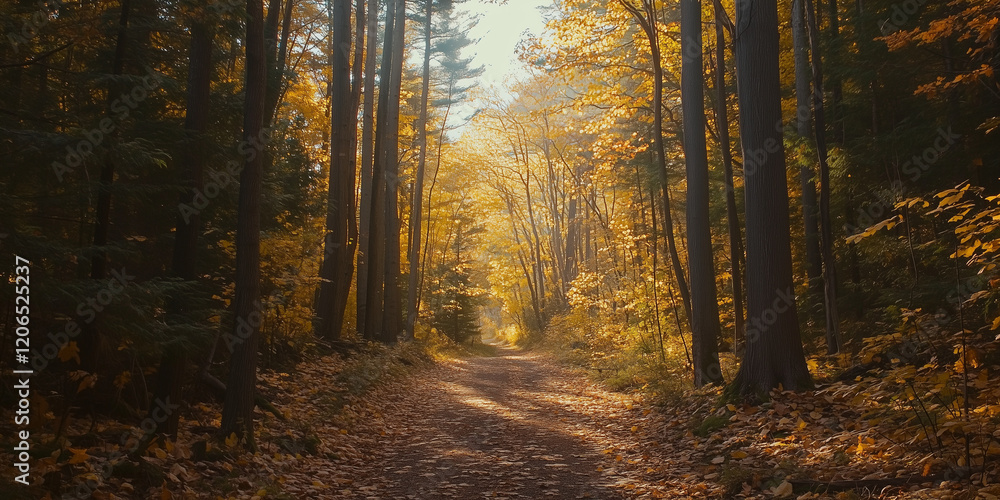 Naklejka premium Sunlight Filtering Through Trees on an Autumn Forest Path