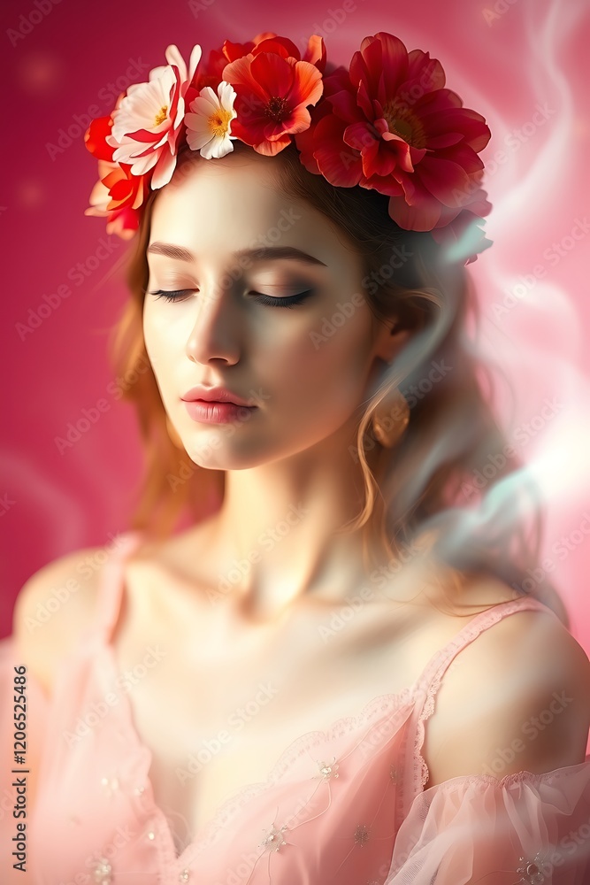 Naklejka premium Serene woman in floral crown, pink dress.