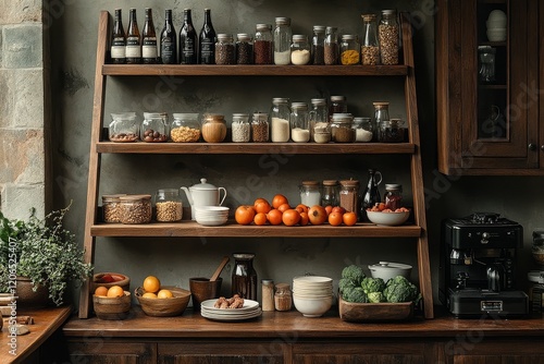 Wallpaper Mural Ladder-shaped rack with four layers holding food items like plates, glasses, bottles, vegetables, fruits, and a coffee pot, in front of wooden cabinets with an electric iron on top. Torontodigital.ca