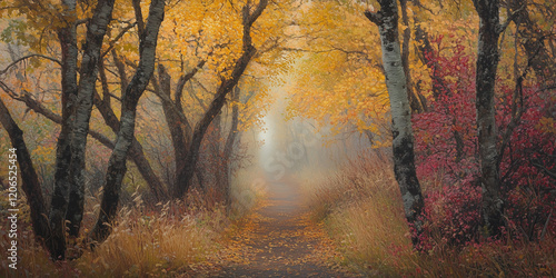 Path Through Golden Trees in a Misty Autumn Forest