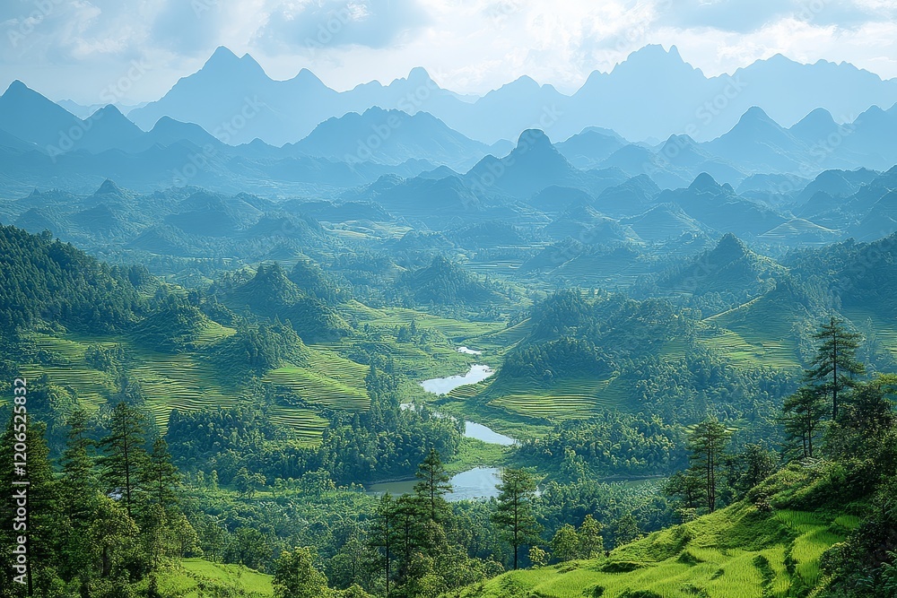 Naklejka premium Guilin, Guangxi landscape with green mountains, rivers, rice fields in valleys, and unique peaks, viewed from a high altitude under a bright sky with white clouds.