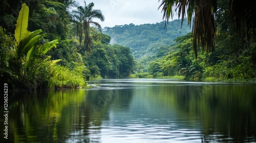 Serene Tropical River in Lush Green Rainforest
