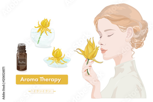ガラスの容器に入ったイランイランの花と精油・手に持ったイランイランの香りを嗅ぐ女性のイラスト
