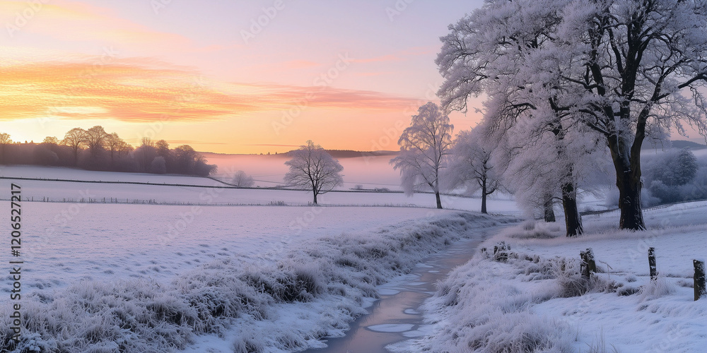 Frosted Trees at Sunrise with a Stream in a Winter Landscape Frosted Trees at Sunrise with a Stream in a Winter Landscape