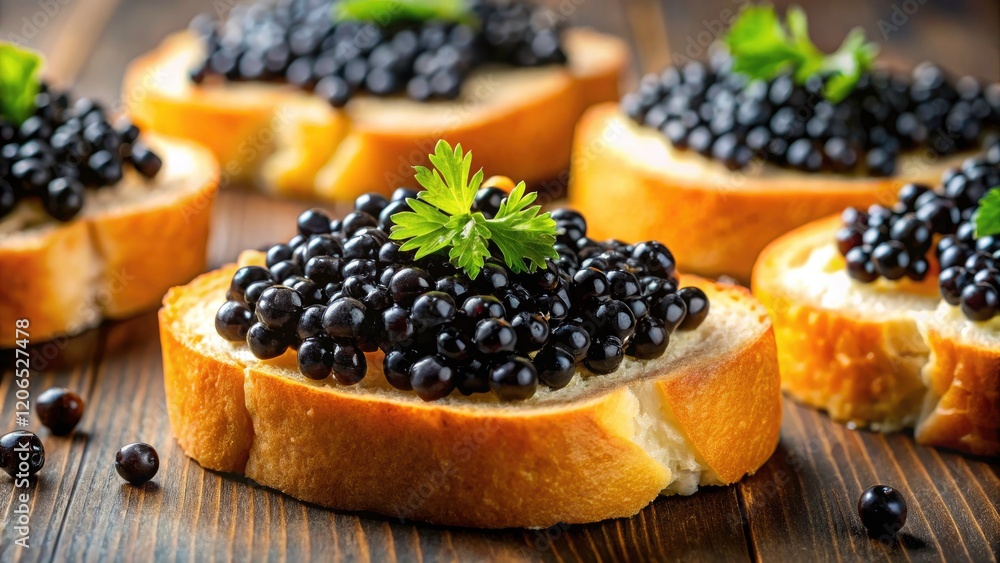 Gourmet Caviar Sandwiches: Close-Up Photography of Delicate Black Pearls on Buttered Bread