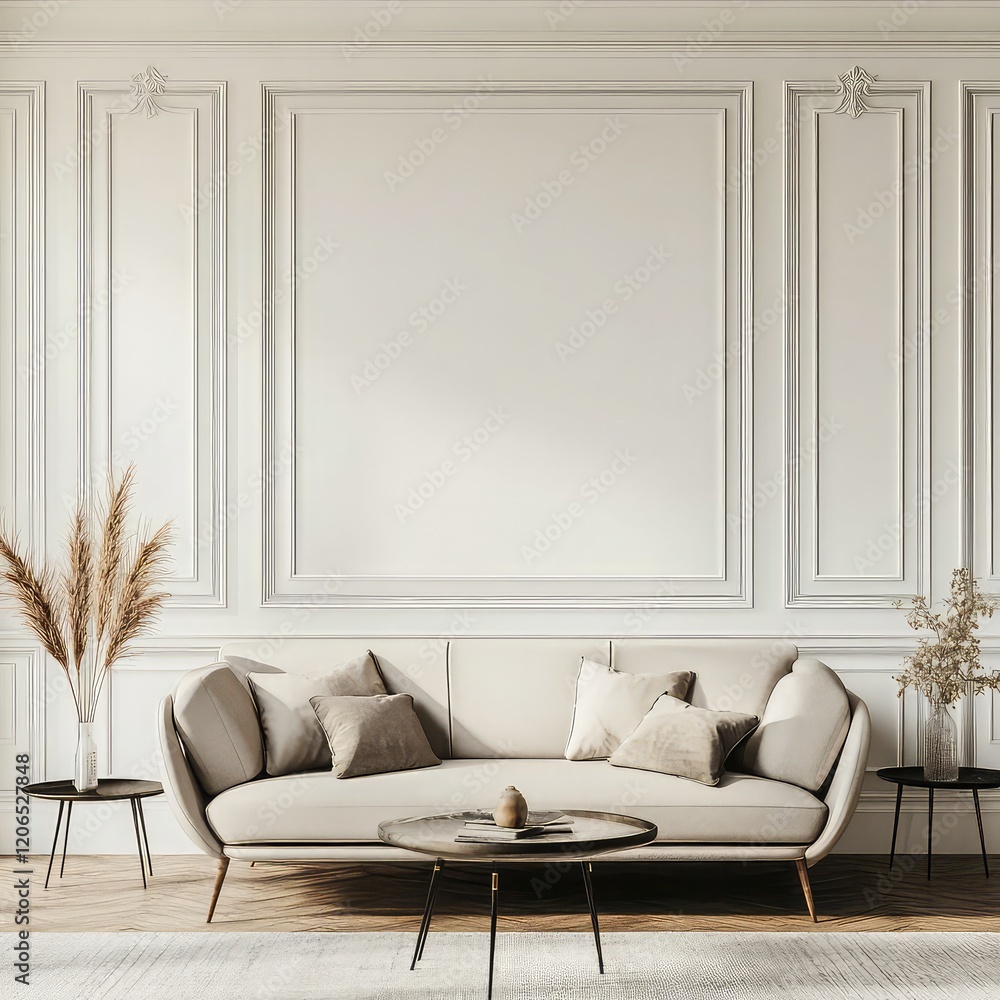 Fototapeta premium Timeless Elegance: A Mock-Up Living Room with Stylish Decor and a Minimalist Wall Backdrop