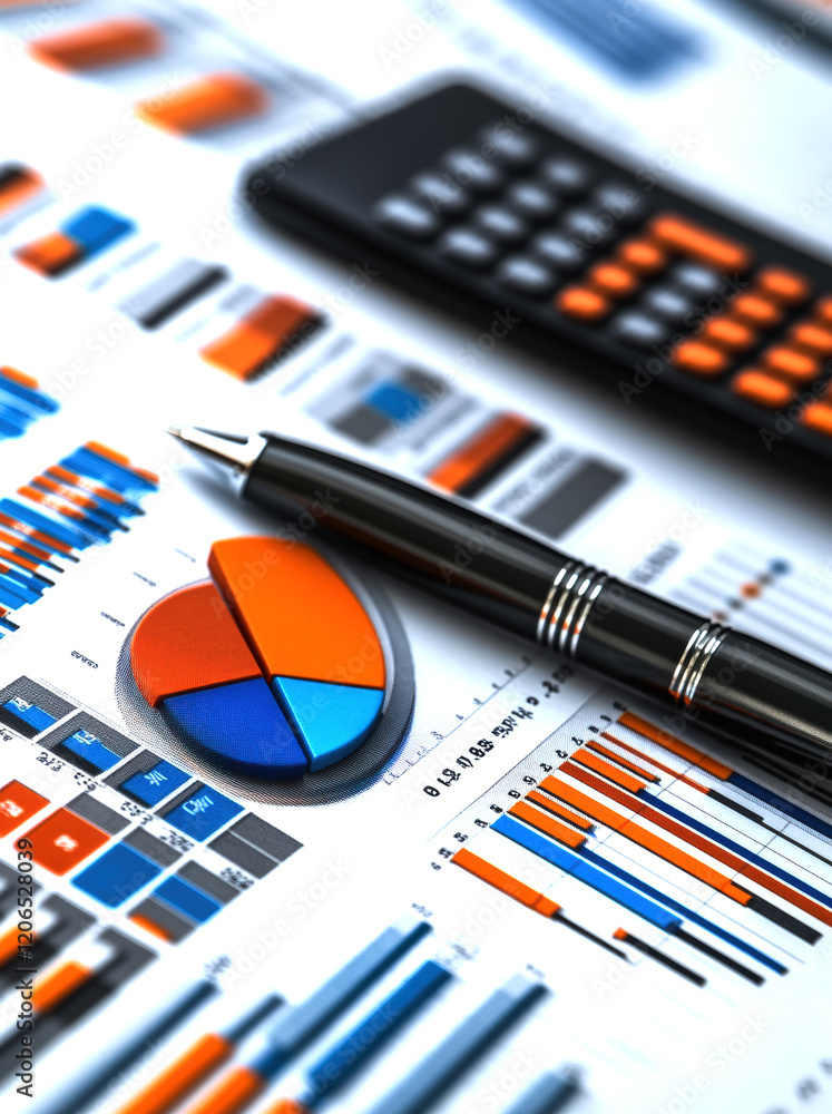 This image showcases essential tools for data analysis, featuring charts, a pie chart, and a calculator. This image showcases essential tools for data analysis, featuring charts, a pie chart, and a calculator.