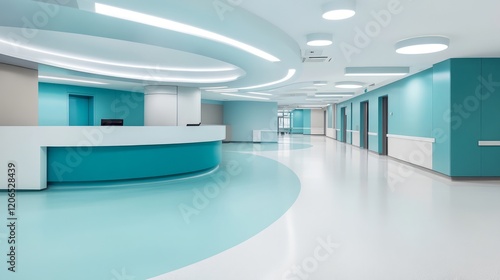Modern and Clean Interior of Medical Facility with Turquoise Walls and Bright Lighting, Featuring Reception Area and Spacious Hallway for Patient Navigation