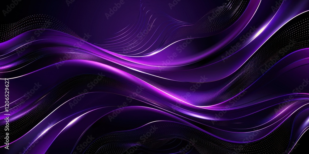 Fototapeta premium Refined abstract business background. Deep purple, cascading waveforms flow smoothly with glowing metallic accents. Elegant and professional.