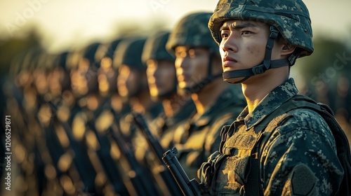 Soldiers Standing in Line During Tactical Drill at Sunrise photo