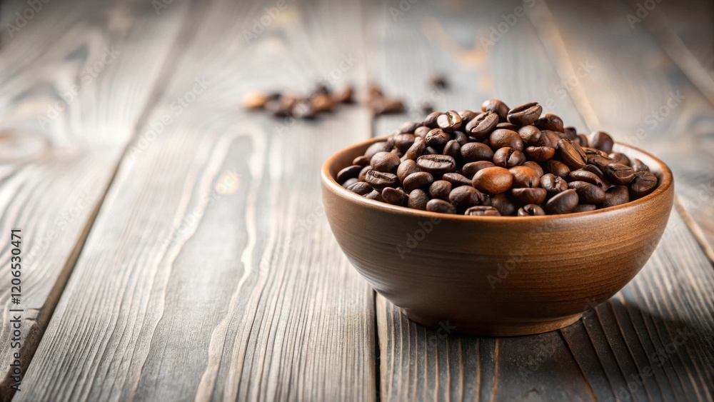 A rustic wooden bowl brimming with aromatic coffee beans rests on a dark wood surface