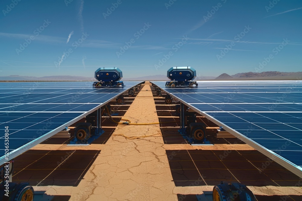 Obraz premium Robotic solar panel installers in a vast desert. Bright sunlight under a clear blue sky. Large scale solar farm. Automated efficiency.