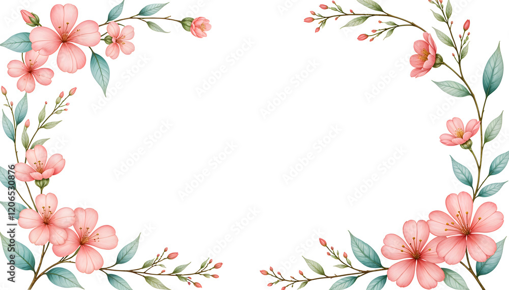 Fototapeta premium Elegant pink flowers and green leaves creating a frame on white background