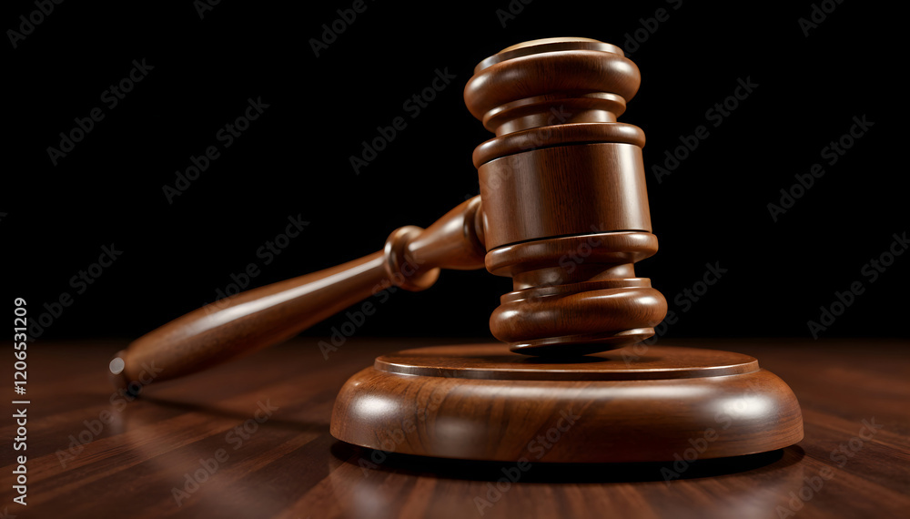Wooden gavel resting on sound block on black background Wooden gavel resting on sound block on black background
