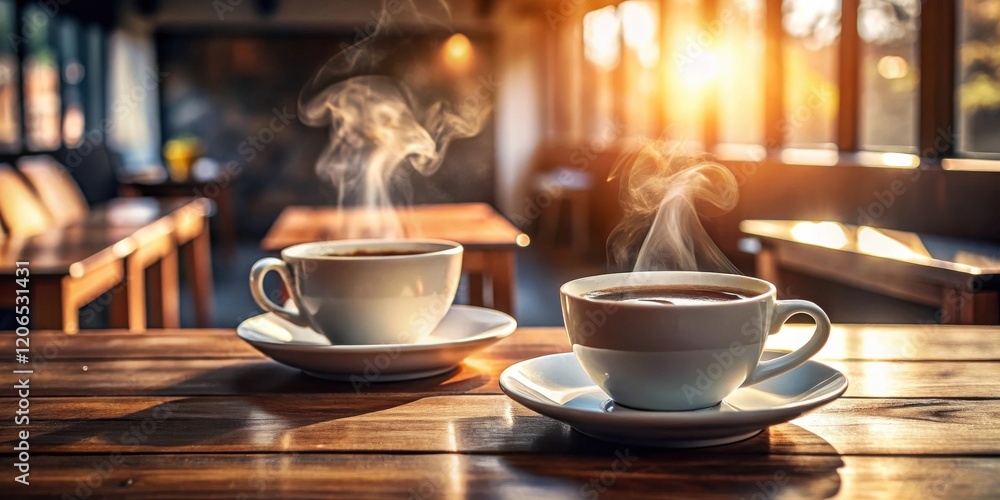 Fototapeta premium Two steaming cups of coffee on a wooden table in a sunlit cafe