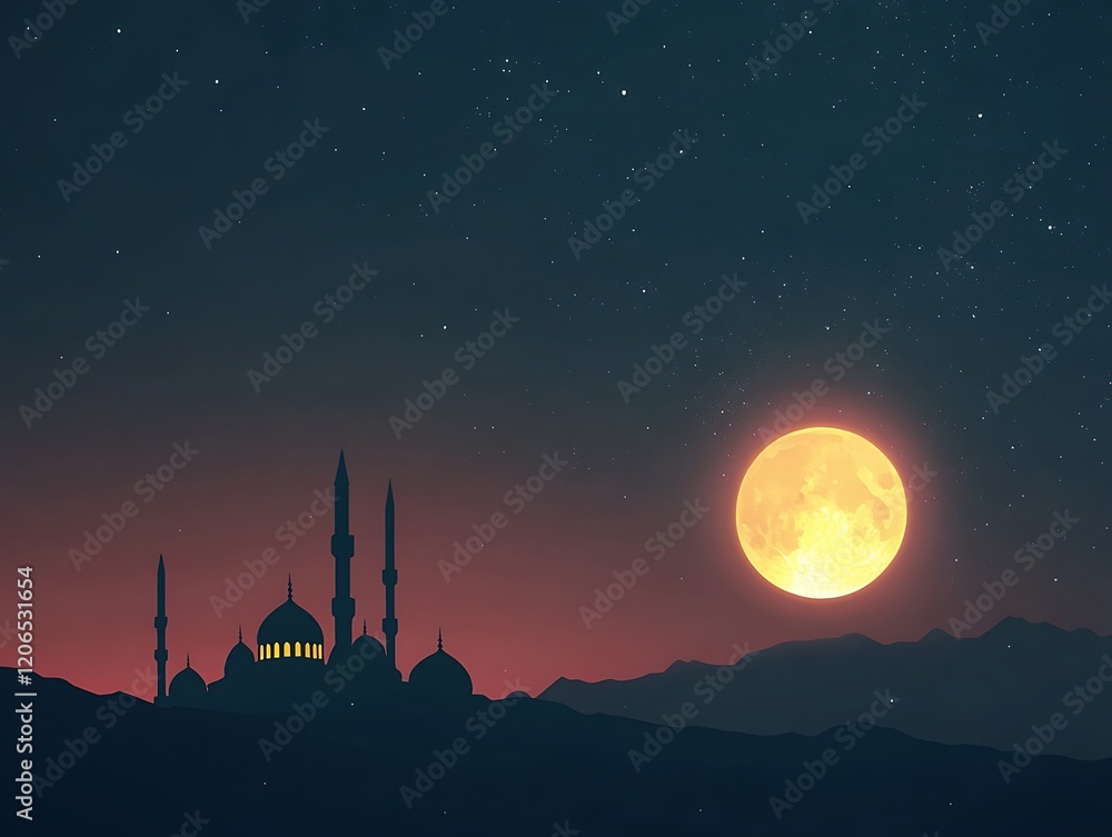 Obraz premium Silhouetted Mosque Underneath a Night Sky and Large Moon
