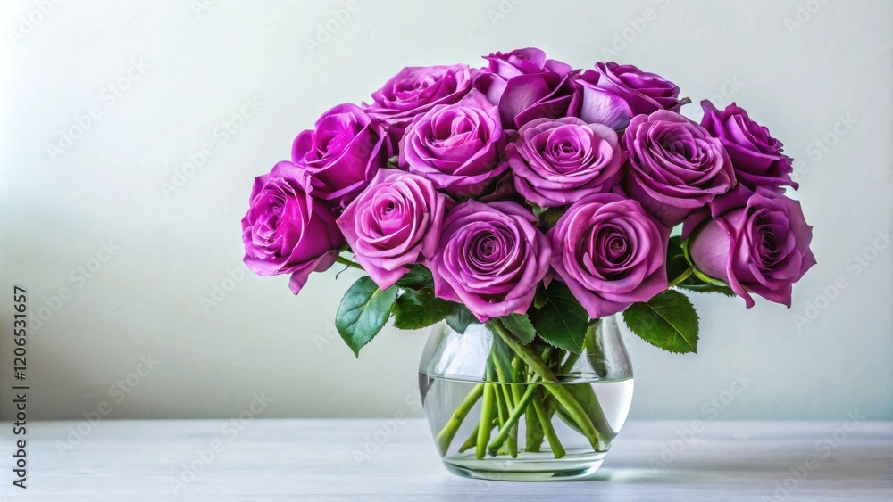 A dozen deep purple roses arranged in a clear glass vase on a white wooden surface A dozen deep purple roses arranged in a clear glass vase on a white wooden surface