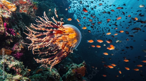 Stunning Underwater Scene: A Magnificent Jellyfish Amidst a School of Fish photo