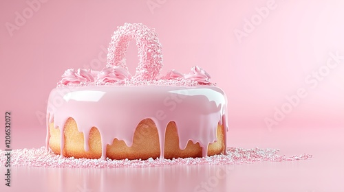 A round cake covered in a glossy pink glaze sits on a soft pink backdrop. It features sweet decorations and a playful sprinkle design, perfect for celebrations photo