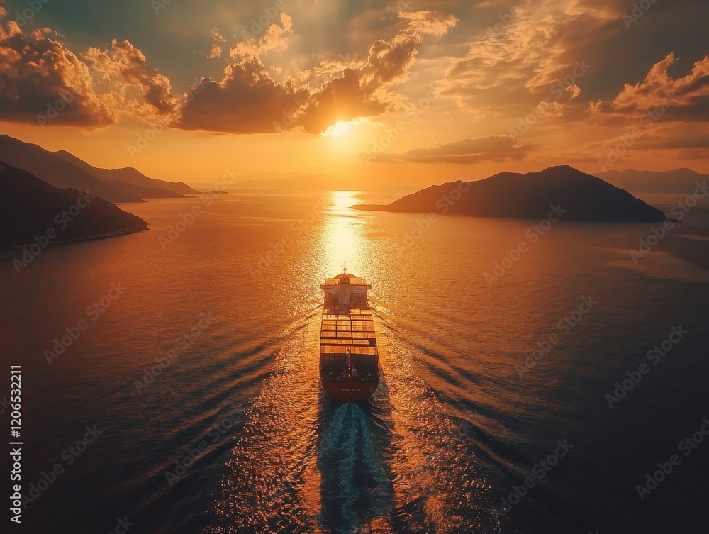 Fototapeta premium Majestic Cargo Ship Navigating Tranquil Waters at Sunset with Stunning Reflections and Scenic Mountainous Landscape in the Background