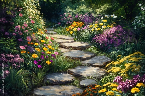 A vibrant garden path surrounded by colorful flowers and greenery.