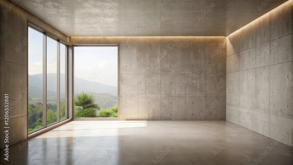Fototapeta premium Modern empty room with large windows and concrete walls offering scenic views