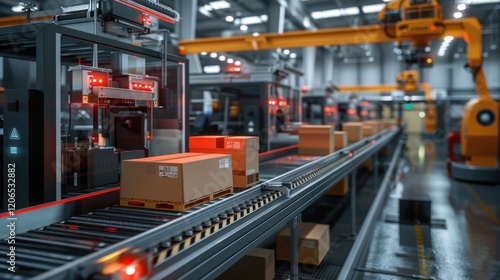 Smart packaging line showcasing automated material flow, robotic handling, AI-driven quality control, and computer vision inspection for efficient production.