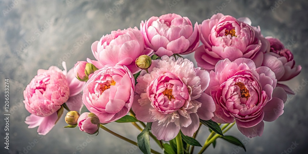 Obraz premium Long Exposure Pink Peony Bouquet Photography, Delicate Floral Image, Gray Background, Soft Light, Blurred Petals, Artistic Bloom