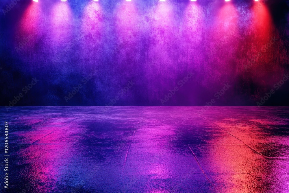 Obraz premium Grungy textured wall lit with vibrant pink and blue neon lights. Ideal for showcasing products, creating moody backdrops or adding a futuristic vibe to designs.
