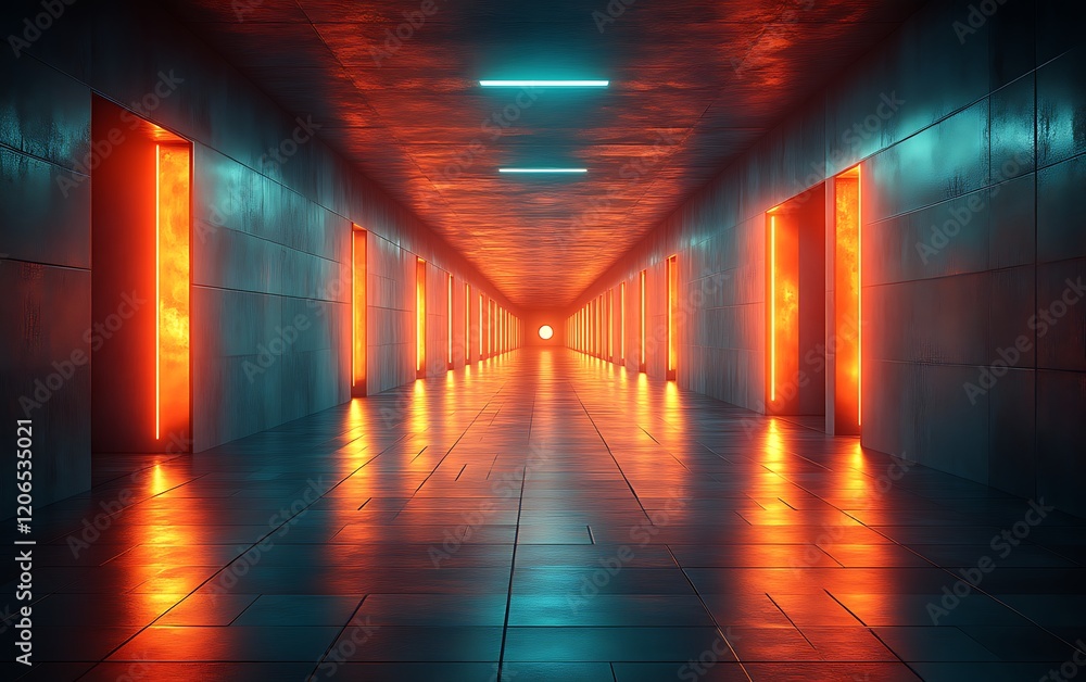 Futuristic neon-lit corridor with glowing doors. Futuristic neon-lit corridor with glowing doors.