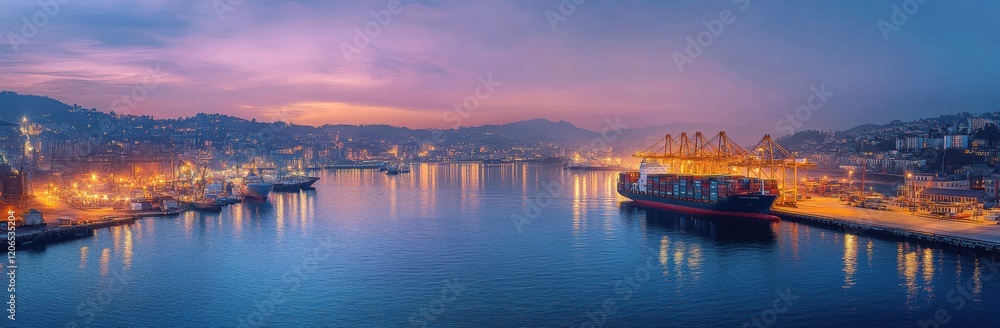 Serene Harbor at Twilight Featuring Cargo Ships and Glowing City Lights with a Beautiful Sunset Over the Water and Calm Reflections in the Bay Serene Harbor at Twilight Featuring Cargo Ships and Glowing City Lights with a Beautiful Sunset Over the Water and Calm Reflections in the Bay