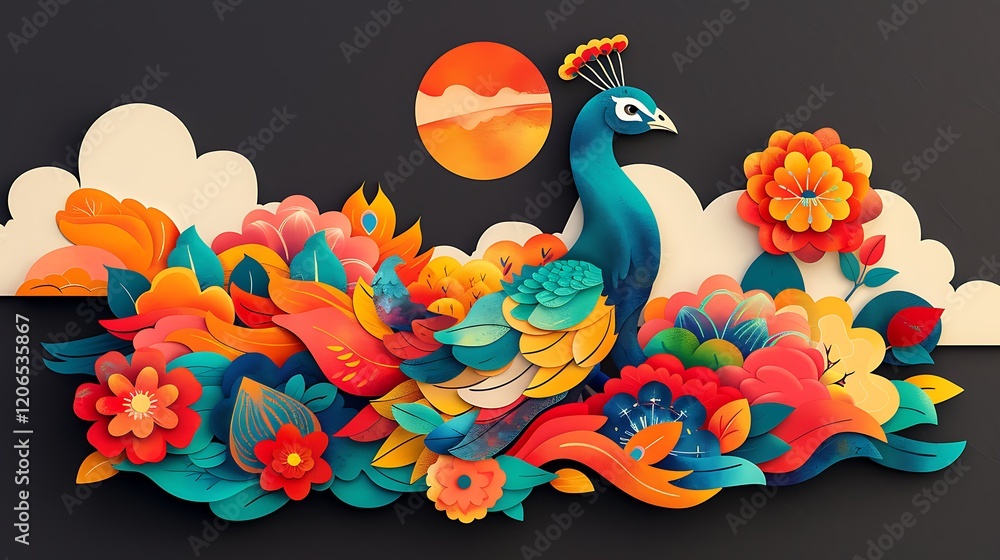 Obraz premium Peacock amidst vibrant flowers and clouds, sunset backdrop; ideal for greeting cards