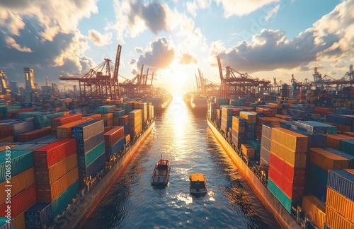 Wallpaper Mural Stunning Aerial View of a Busy Shipping Port at Sunset with Cargo Containers and Cranes Reflecting on Water, Highlighting the Global Trade Industry Torontodigital.ca