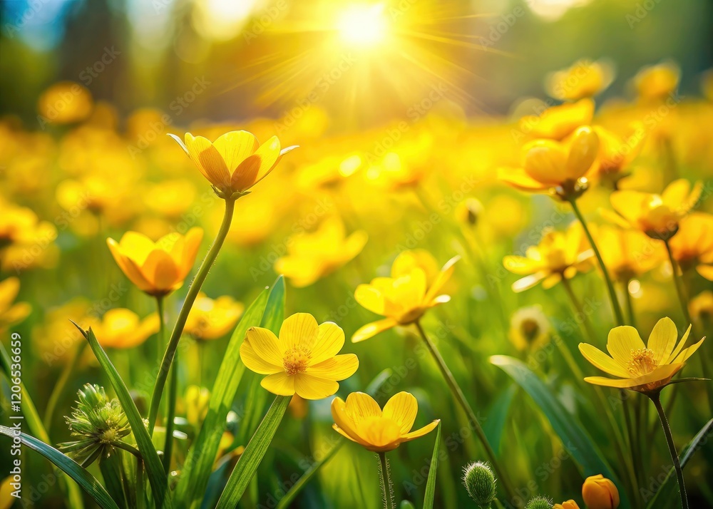 Fototapeta premium Spring Meadow Top View: Wild Yellow Flowers, Grass Texture, Green Field, Floral Background, Nature Photography