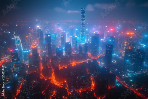 Night cityscape, vibrant skyscrapers, aerial view, fog, city lights.
