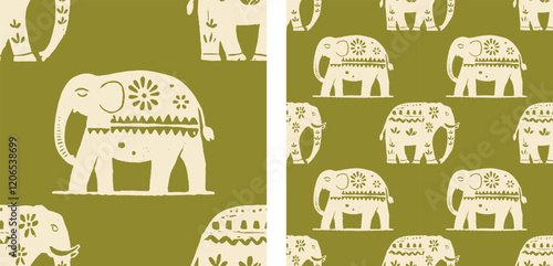 Indian Elephants Cute Animal India Motif Green Seamless Pattern Vector Illustration