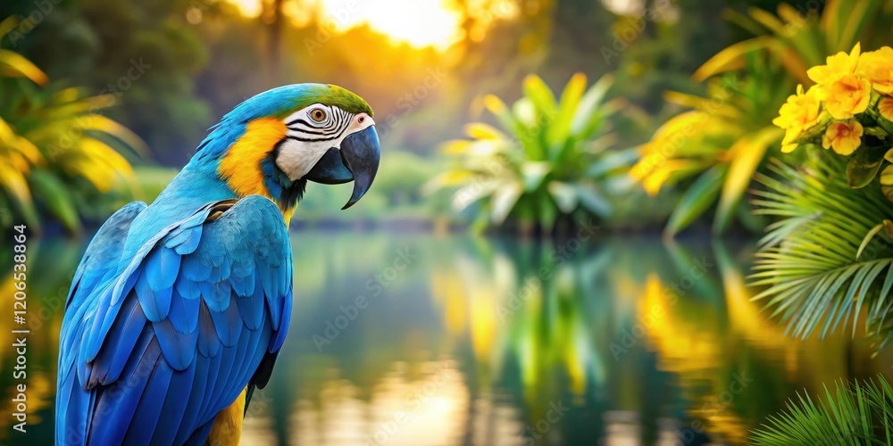 A vibrant blue and gold macaw bird rests serenely by a tranquil pond, surrounded by lush tropical foliage and bathed in the warm glow of the setting sun.