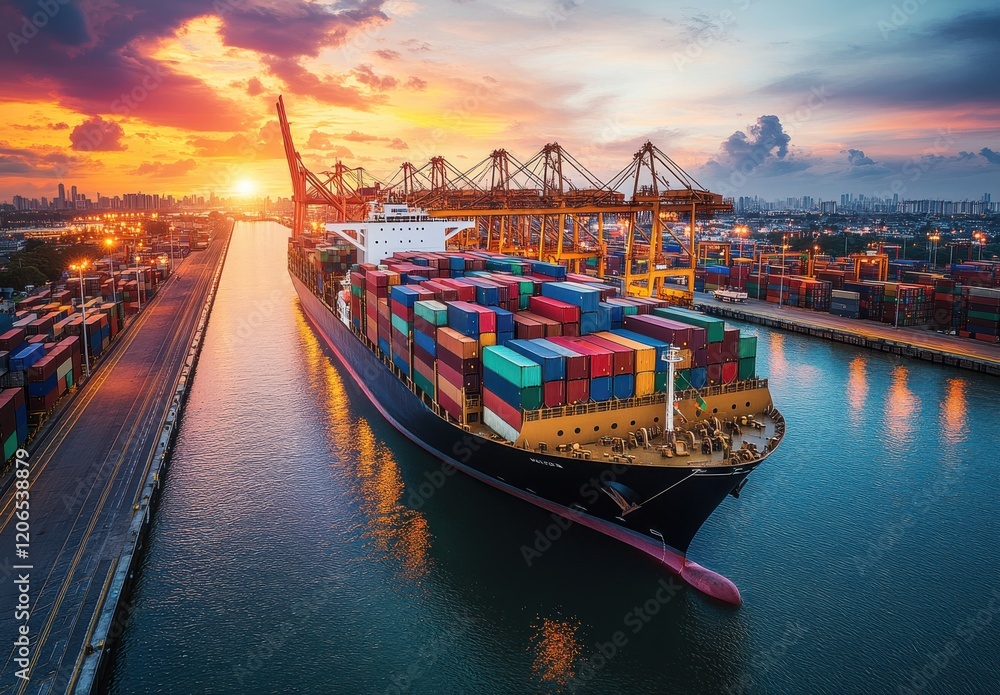 Fototapeta premium Vibrant Sunset Over Container Ship and Port, Showcasing Colorful Cargo Boxes and Industrial Cranes, Synergizing Nature and Commerce in a Busy Harbor Scene