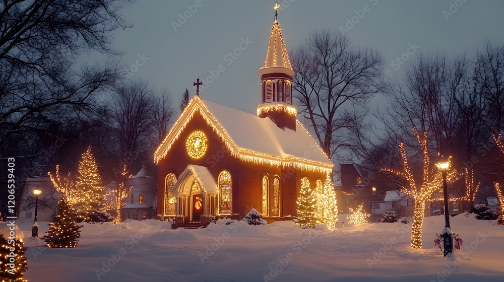 Fototapeta premium A snow covered church glows with Christmas lights