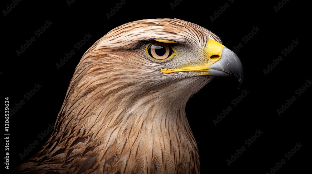 Golden Eagle Portrait: A majestic golden eagle, its gaze intense and unwavering, is captured in a striking close-up profile against a dramatic black background. Golden Eagle Portrait: A majestic golden eagle, its gaze intense and unwavering, is captured in a striking close-up profile against a dramatic black background.