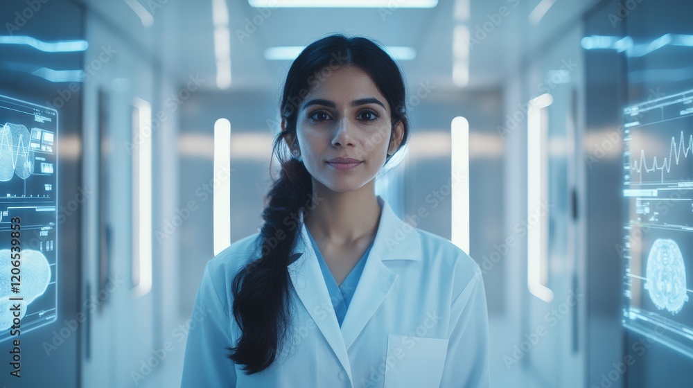 Fototapeta premium Indian Female in Modern Laboratory with Medicine Holograms