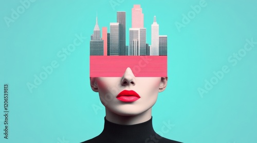 Urban Mind: A surreal and stylish digital art collage of a woman's face with a cityscape replacing her eyes and forehead, symbolizing the urban mindset.