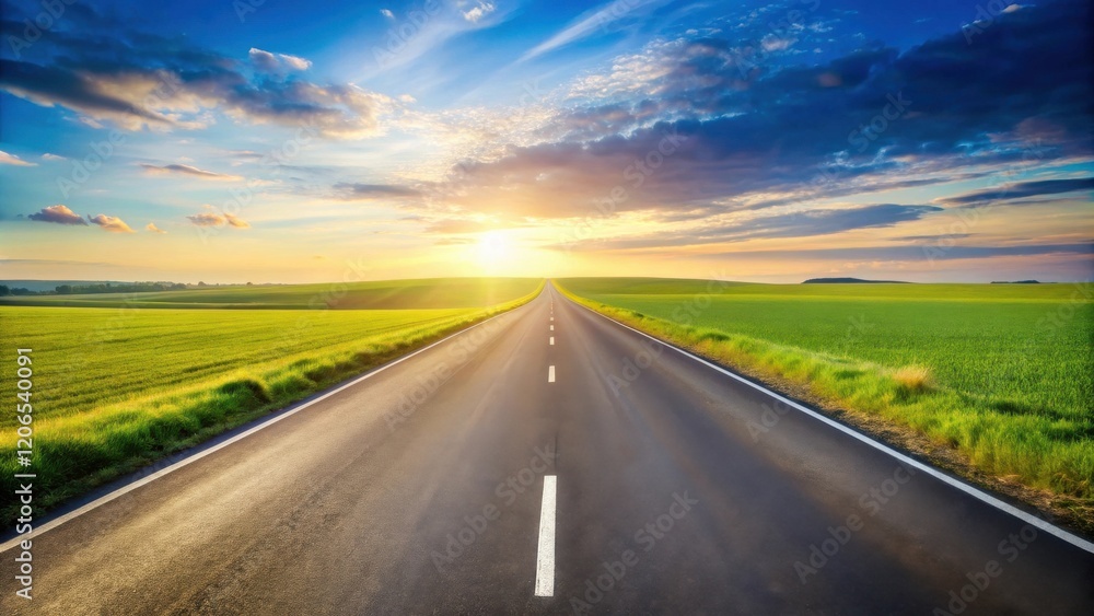Fototapeta premium Asphalt road vanishing point at sunset over vibrant green fields
