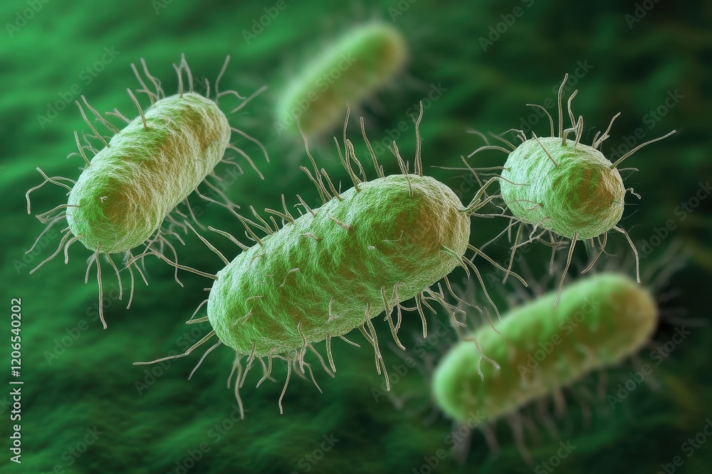 Fototapeta premium Microscopic image of rod-shaped bacteria with flagella. Illustrates bacterial structure for microbiology studies.