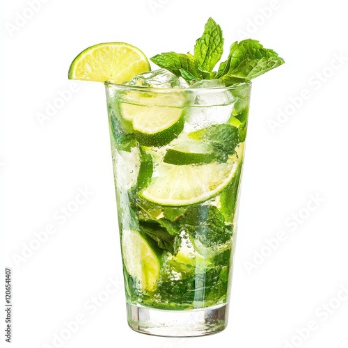 A refreshing mojito with mint leaves and lime wedges, presented against an isolated white background, surrealism art style