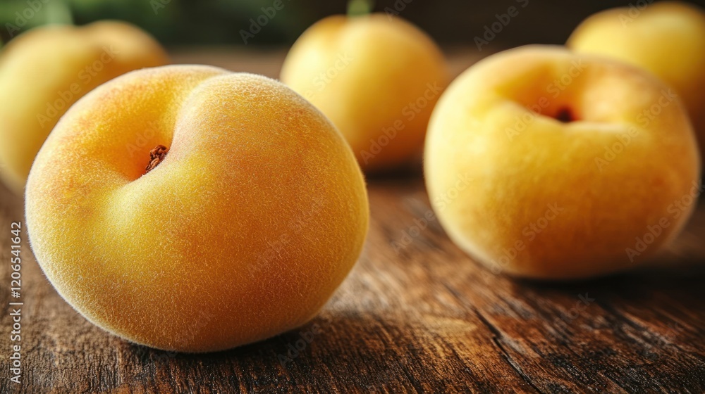 Close-Up of Fresh Peaches on Rustic Wooden Table with Natural Lighting Close-Up of Fresh Peaches on Rustic Wooden Table with Natural Lighting