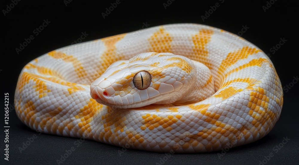 Fototapeta premium Albino python coiled, studio shot, black background, reptile pet (1)